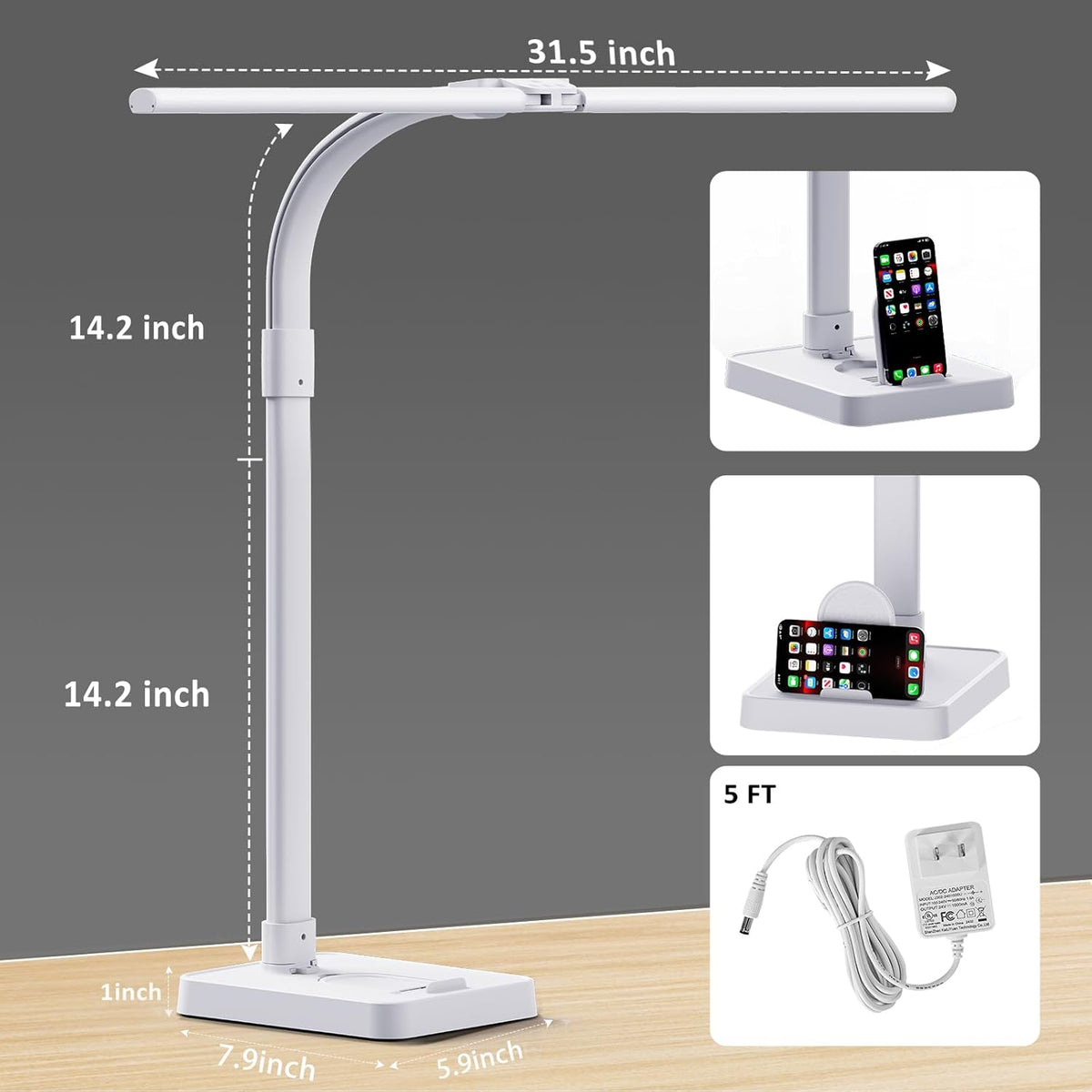 LED Desk Lamp for Home Office, 24W Bright Desk Lamp with Phone Holder Base - 25 Lighting Modes Eye-Caring Desk Light Adjustable Gooseneck Lamp for Workbench Drafting Reading Study