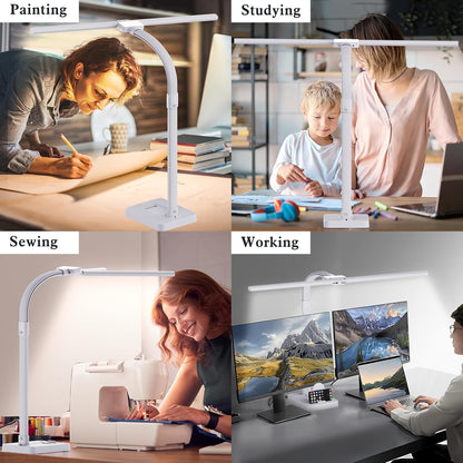 LED Desk Lamp for Home Office, 24W Bright Desk Lamp with Phone Holder Base - 25 Lighting Modes Eye-Caring Desk Light Adjustable Gooseneck Lamp for Workbench Drafting Reading Study