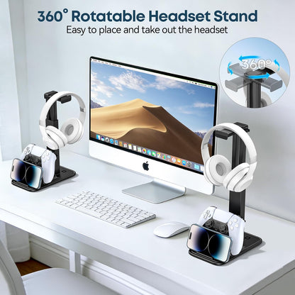 Gaming Headset & Controller Stand, Rotating Headphone Storage with Controller and Phone Holder, Standard Game Desk Storage for PS5/PS4/XBOX, PC Gamer Essentials Organizer Gift Accessories