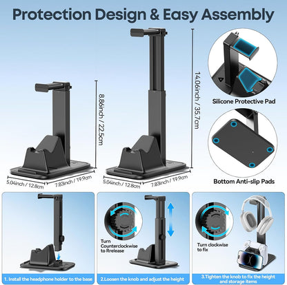Gaming Headset & Controller Stand, Rotating Headphone Storage with Controller and Phone Holder, Standard Game Desk Storage for PS5/PS4/XBOX, PC Gamer Essentials Organizer Gift Accessories