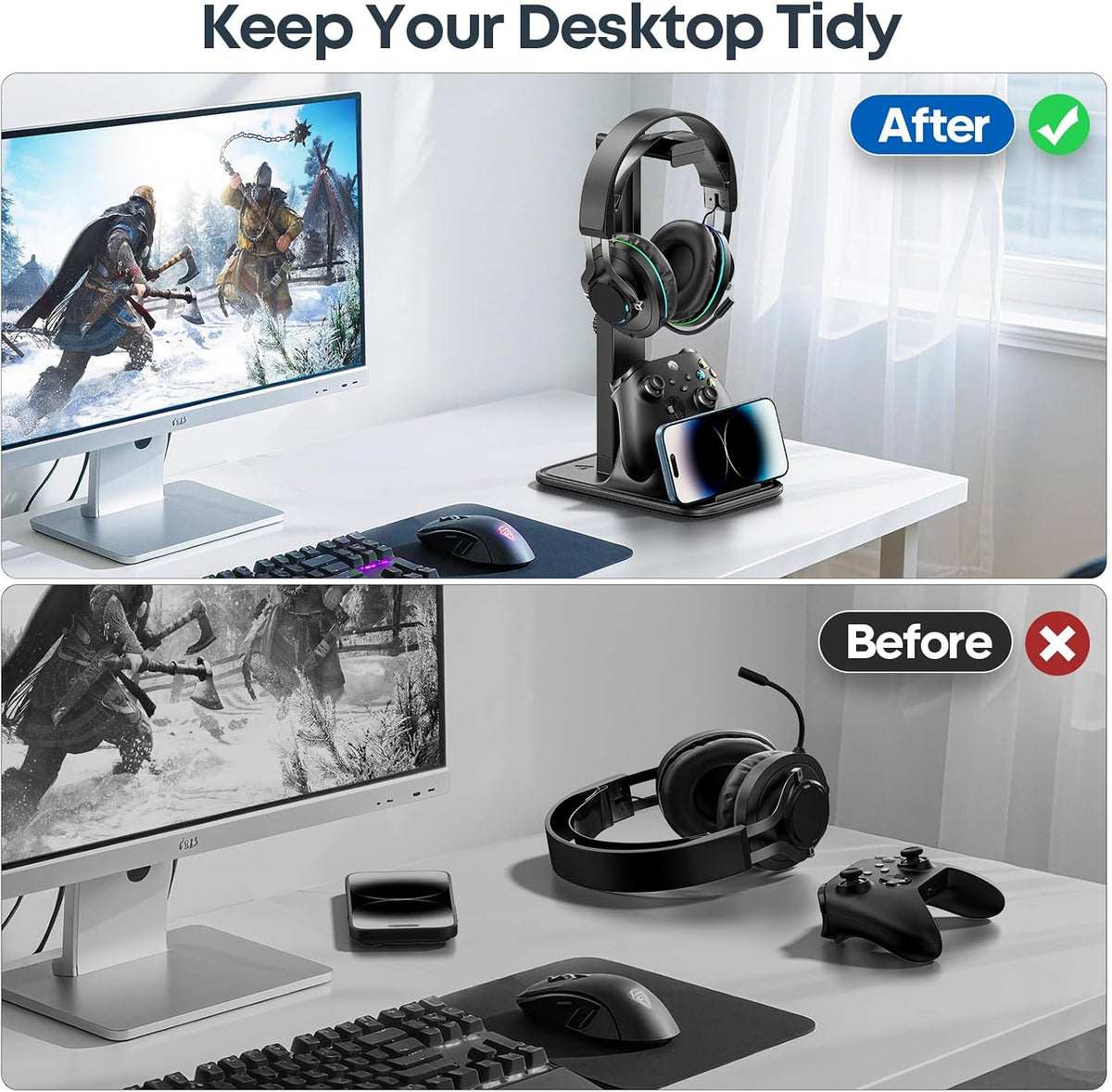 Gaming Headset & Controller Stand, Rotating Headphone Storage with Controller and Phone Holder, Standard Game Desk Storage for PS5/PS4/XBOX, PC Gamer Essentials Organizer Gift Accessories