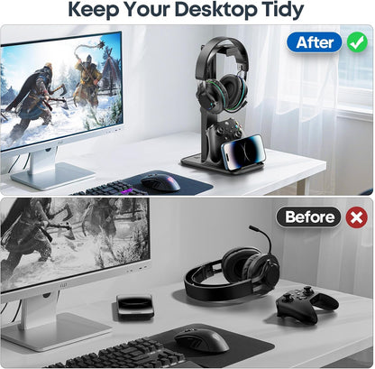 Gaming Headset & Controller Stand, Rotating Headphone Storage with Controller and Phone Holder, Standard Game Desk Storage for PS5/PS4/XBOX, PC Gamer Essentials Organizer Gift Accessories