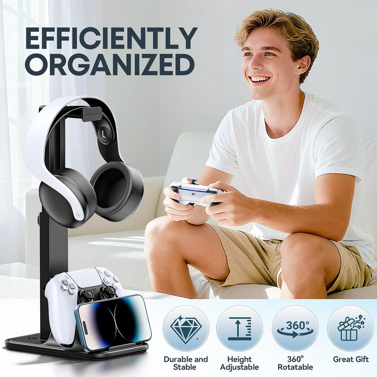 Gaming Headset & Controller Stand, Rotating Headphone Storage with Controller and Phone Holder, Standard Game Desk Storage for PS5/PS4/XBOX, PC Gamer Essentials Organizer Gift Accessories
