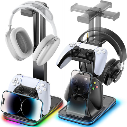 Gaming Headset & Controller Stand, Rotating Headphone Storage with Controller and Phone Holder, Standard Game Desk Storage for PS5/PS4/XBOX, PC Gamer Essentials Organizer Gift Accessories