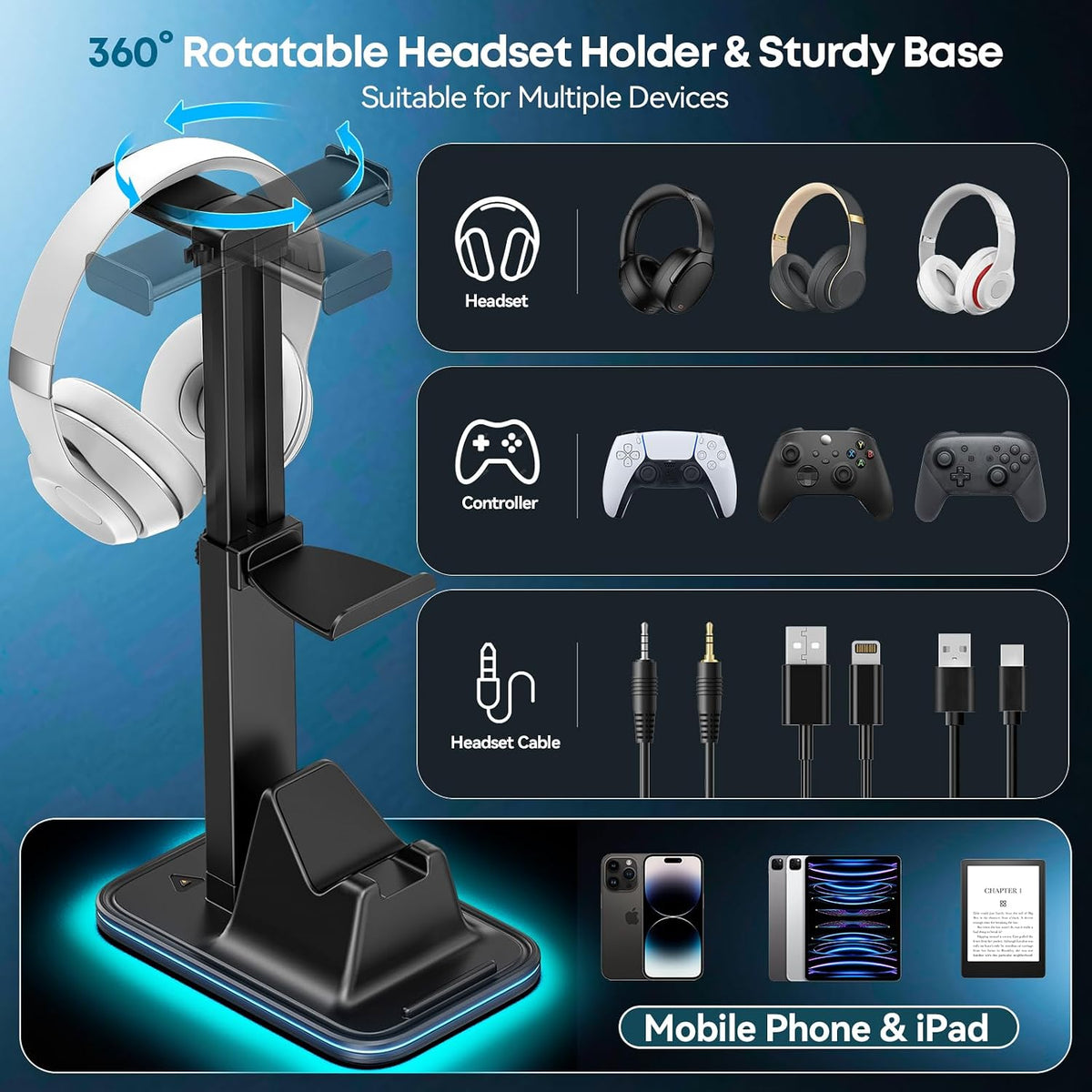 Gaming Headset & Controller Stand, Rotating Headphone Storage with Controller and Phone Holder, Standard Game Desk Storage for PS5/PS4/XBOX, PC Gamer Essentials Organizer Gift Accessories