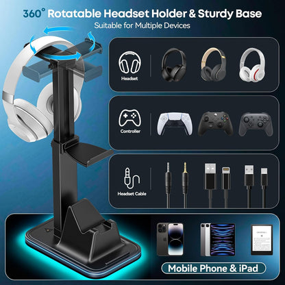 Gaming Headset & Controller Stand, Rotating Headphone Storage with Controller and Phone Holder, Standard Game Desk Storage for PS5/PS4/XBOX, PC Gamer Essentials Organizer Gift Accessories