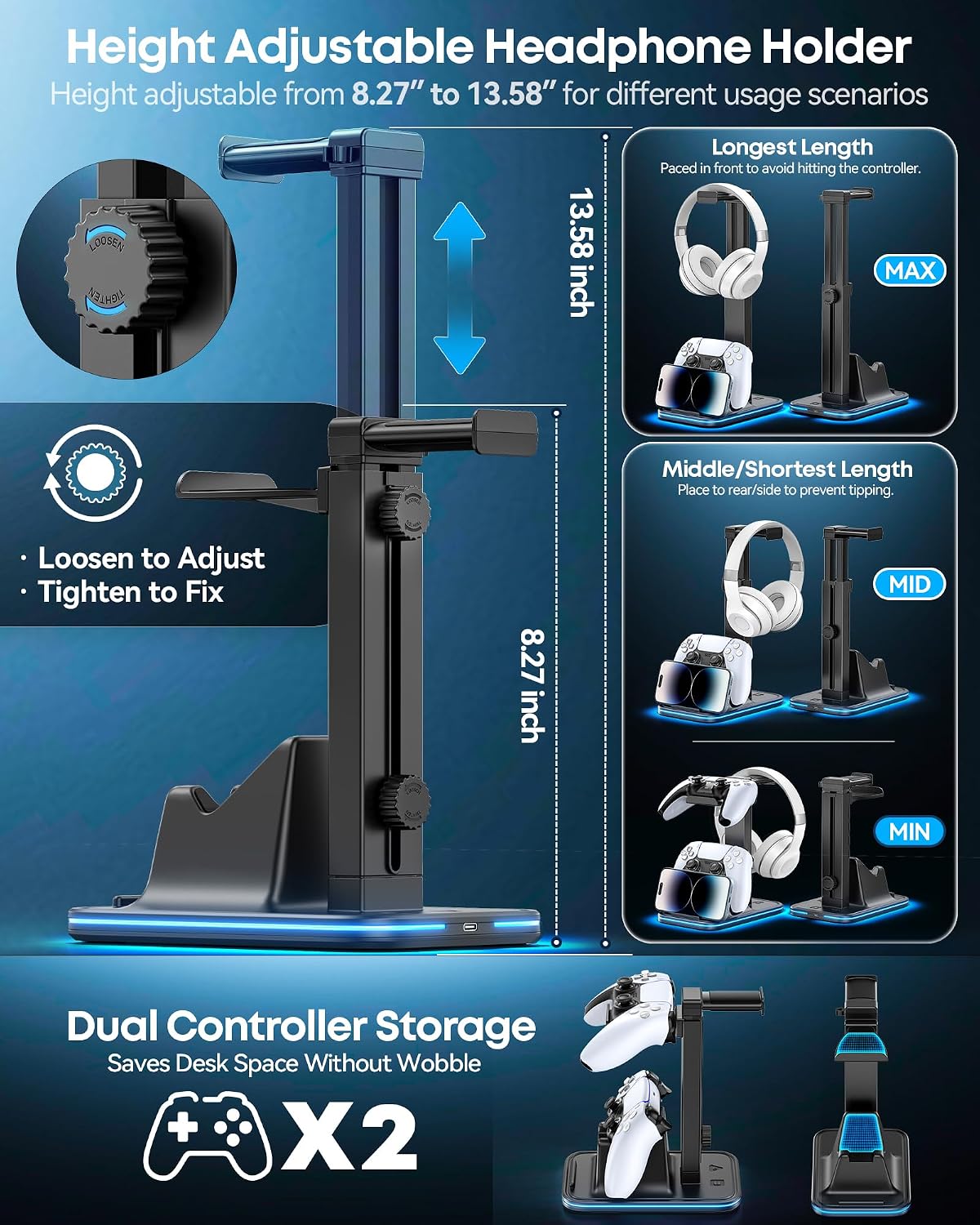 Gaming Headset & Controller Stand, Rotating Headphone Storage with Controller and Phone Holder, Standard Game Desk Storage for PS5/PS4/XBOX, PC Gamer Essentials Organizer Gift Accessories