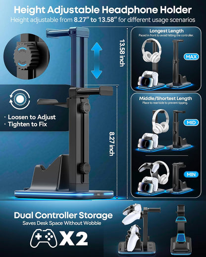 Gaming Headset & Controller Stand, Rotating Headphone Storage with Controller and Phone Holder, Standard Game Desk Storage for PS5/PS4/XBOX, PC Gamer Essentials Organizer Gift Accessories