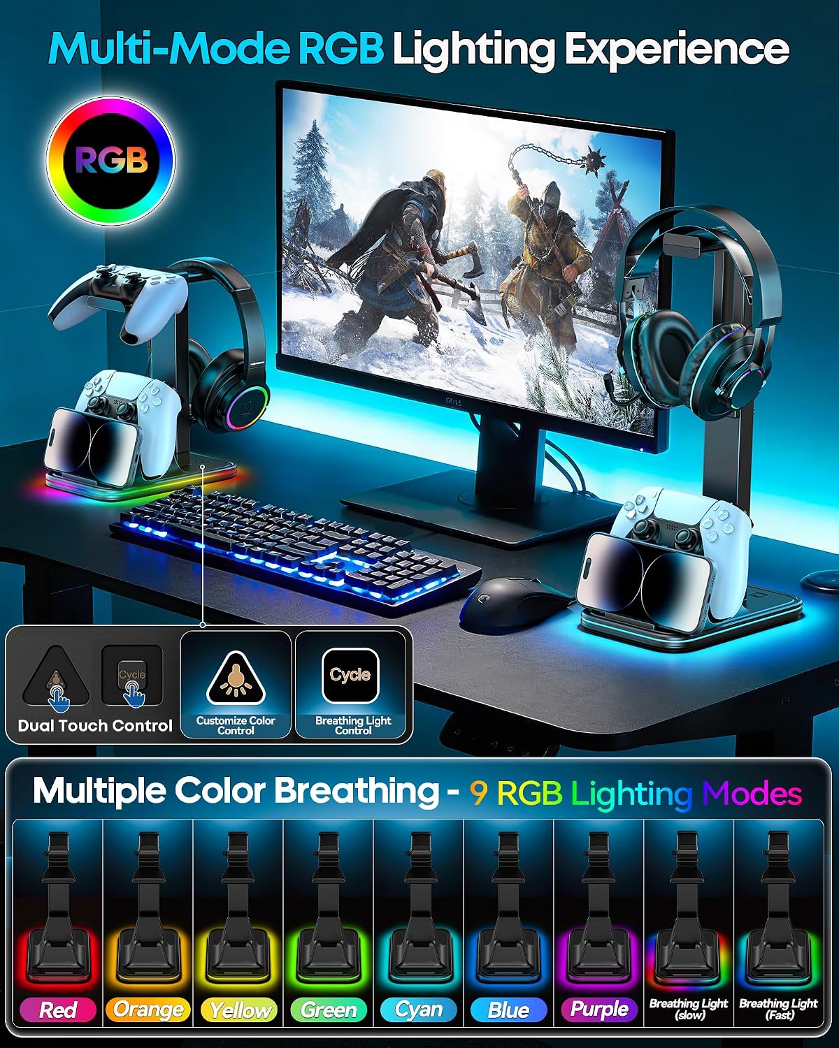 Gaming Headset & Controller Stand, Rotating Headphone Storage with Controller and Phone Holder, Standard Game Desk Storage for PS5/PS4/XBOX, PC Gamer Essentials Organizer Gift Accessories