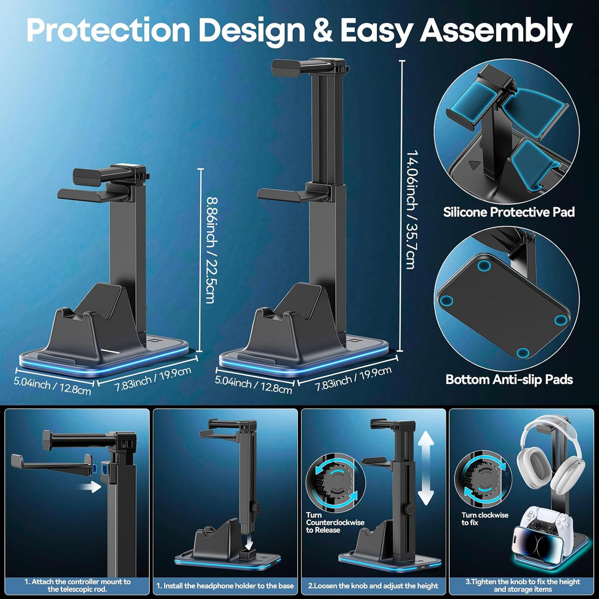 Gaming Headset & Controller Stand, Rotating Headphone Storage with Controller and Phone Holder, Standard Game Desk Storage for PS5/PS4/XBOX, PC Gamer Essentials Organizer Gift Accessories