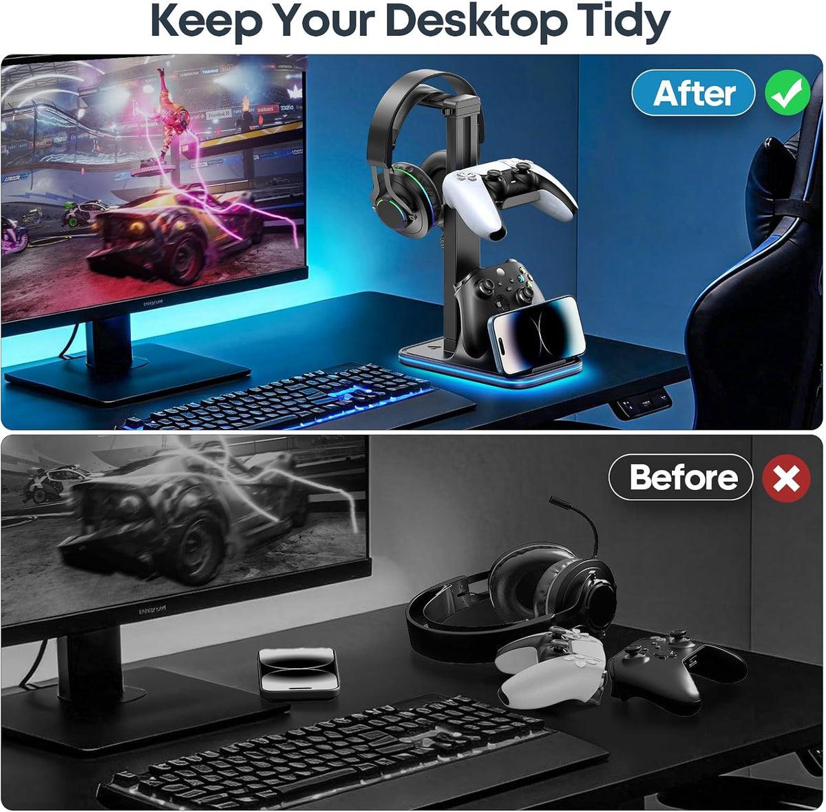 Gaming Headset & Controller Stand, Rotating Headphone Storage with Controller and Phone Holder, Standard Game Desk Storage for PS5/PS4/XBOX, PC Gamer Essentials Organizer Gift Accessories