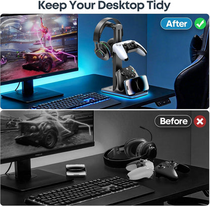 Gaming Headset & Controller Stand, Rotating Headphone Storage with Controller and Phone Holder, Standard Game Desk Storage for PS5/PS4/XBOX, PC Gamer Essentials Organizer Gift Accessories