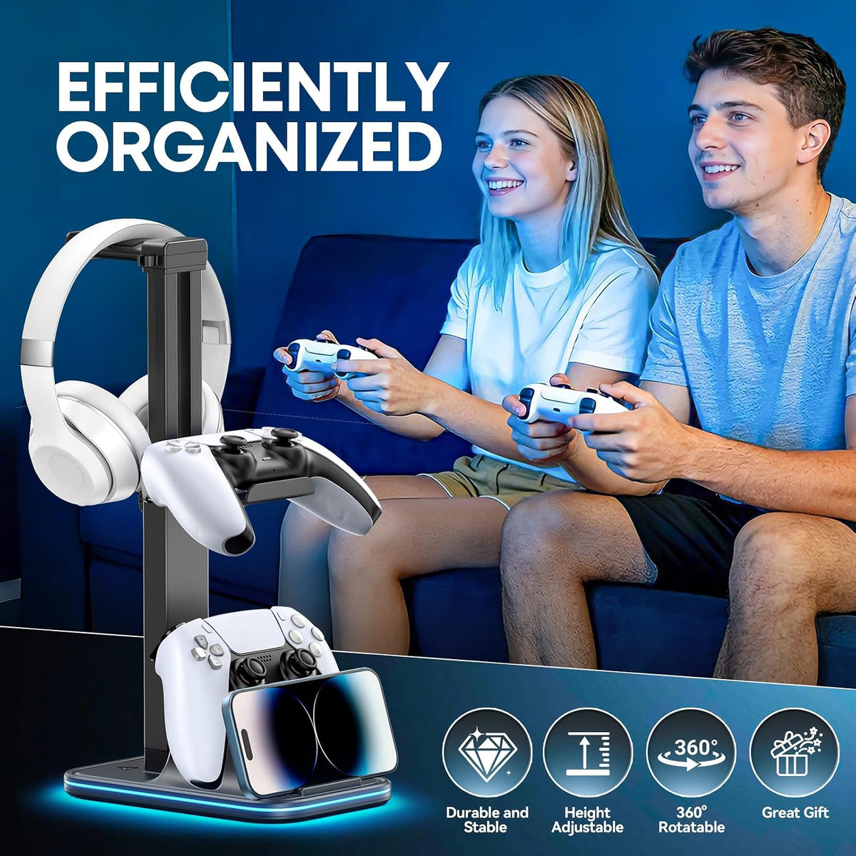 Gaming Headset & Controller Stand, Rotating Headphone Storage with Controller and Phone Holder, Standard Game Desk Storage for PS5/PS4/XBOX, PC Gamer Essentials Organizer Gift Accessories