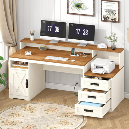 65" Farmhouse Computer Desk with Drawers and Printer Stand for Home Office
