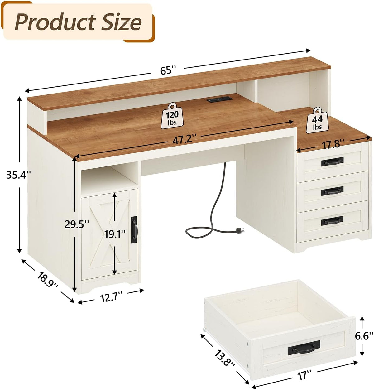65" Farmhouse Computer Desk with Drawers and Printer Stand for Home Office