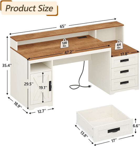 65" Farmhouse Computer Desk with Drawers and Printer Stand for Home Office
