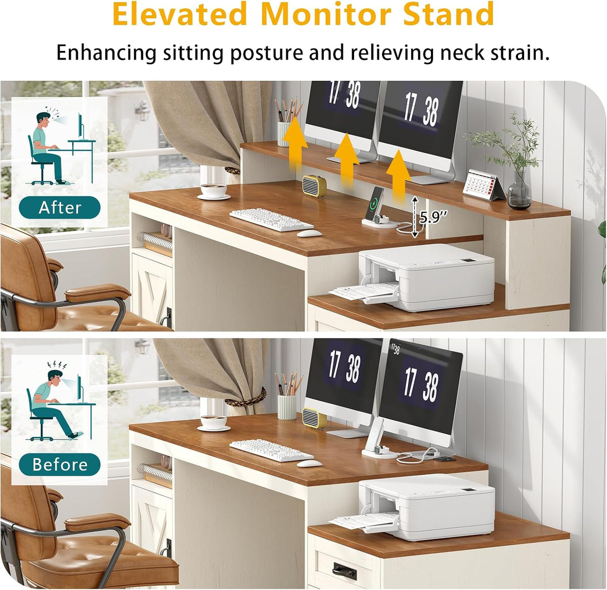 65" Farmhouse Computer Desk with Drawers and Printer Stand for Home Office