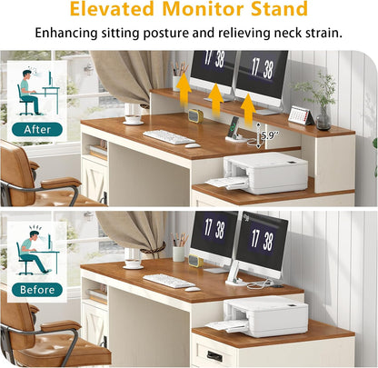 65" Farmhouse Computer Desk with Drawers and Printer Stand for Home Office