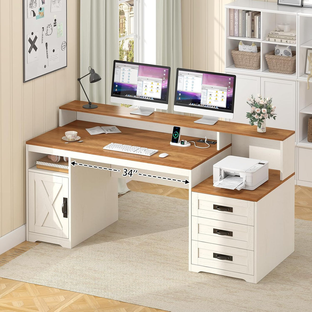 65" Farmhouse Computer Desk with Drawers and Printer Stand for Home Office