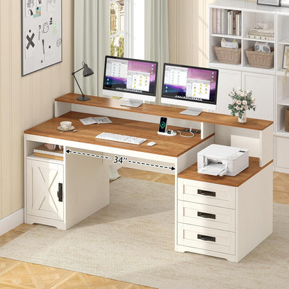 65" Farmhouse Computer Desk with Drawers and Printer Stand for Home Office