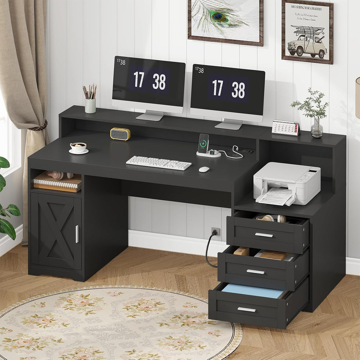 65" Farmhouse Computer Desk with Drawers and Printer Stand for Home Office