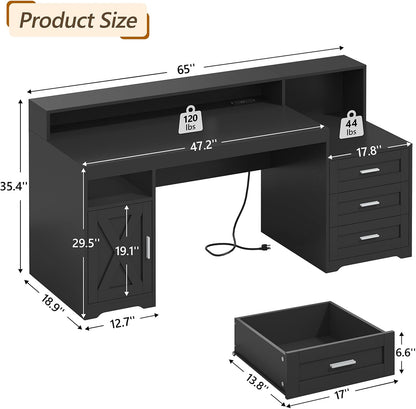 65" Farmhouse Computer Desk with Drawers and Printer Stand for Home Office