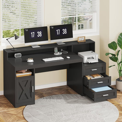 65" Farmhouse Computer Desk with Drawers and Printer Stand for Home Office
