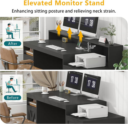 65" Farmhouse Computer Desk with Drawers and Printer Stand for Home Office