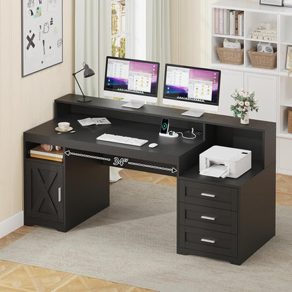 65" Farmhouse Computer Desk with Drawers and Printer Stand for Home Office