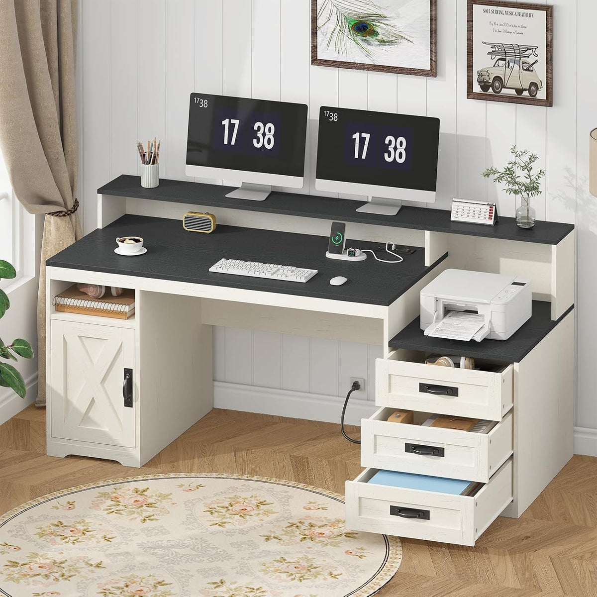 65" Farmhouse Computer Desk with Drawers and Printer Stand for Home Office