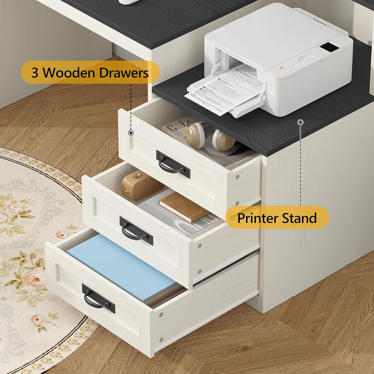 65" Farmhouse Computer Desk with Drawers and Printer Stand for Home Office