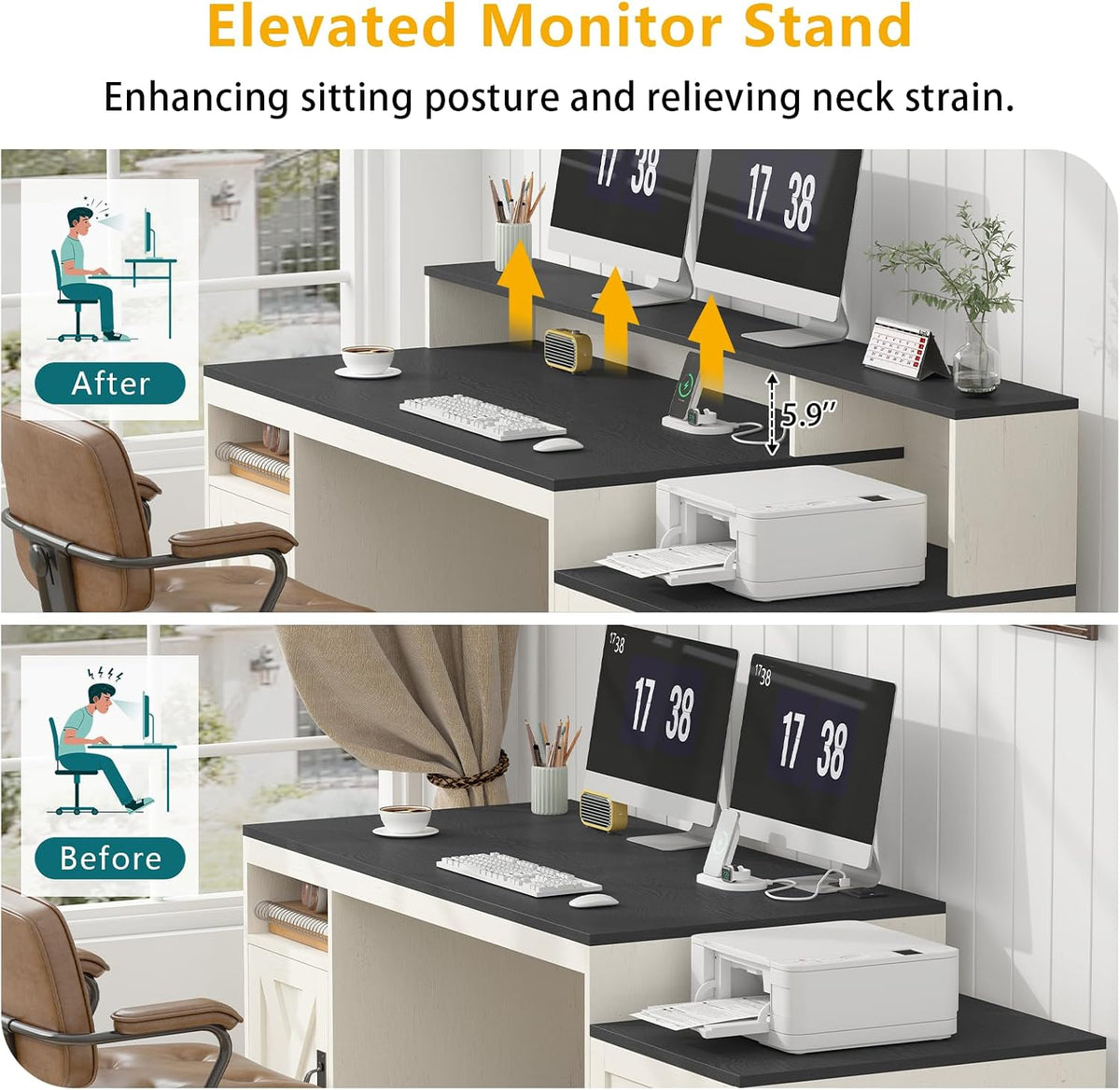 65" Farmhouse Computer Desk with Drawers and Printer Stand for Home Office