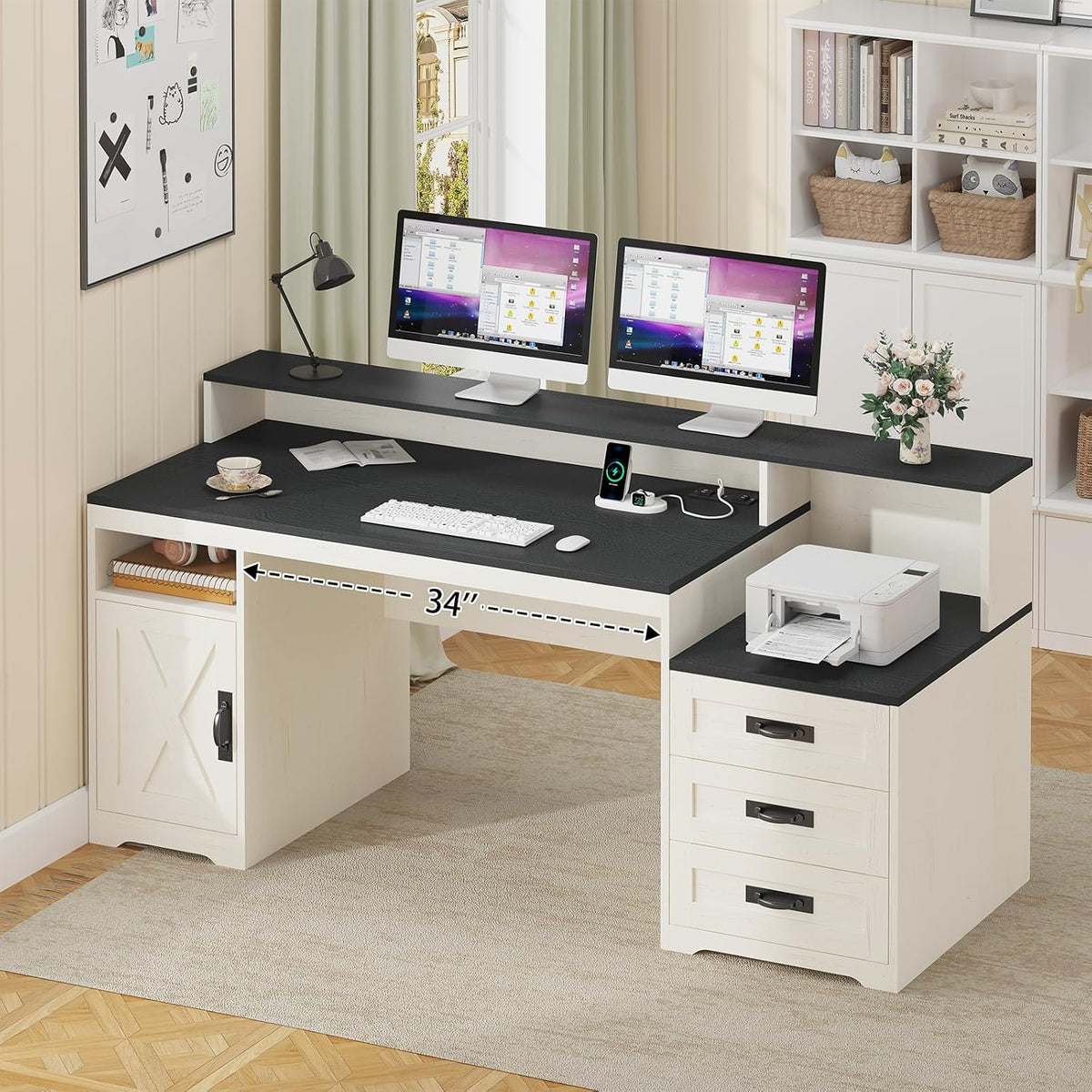 65" Farmhouse Computer Desk with Drawers and Printer Stand for Home Office