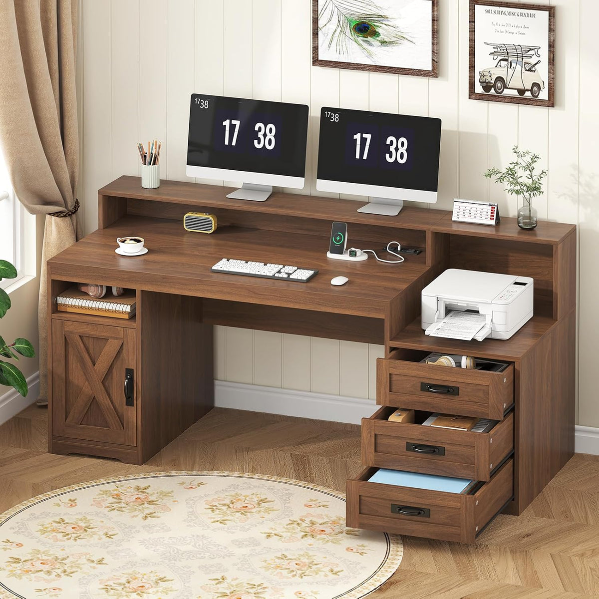 65" Farmhouse Computer Desk with Drawers and Printer Stand for Home Office