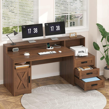 65" Farmhouse Computer Desk with Drawers and Printer Stand for Home Office