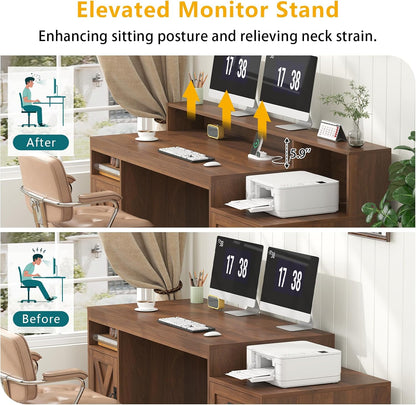 65" Farmhouse Computer Desk with Drawers and Printer Stand for Home Office