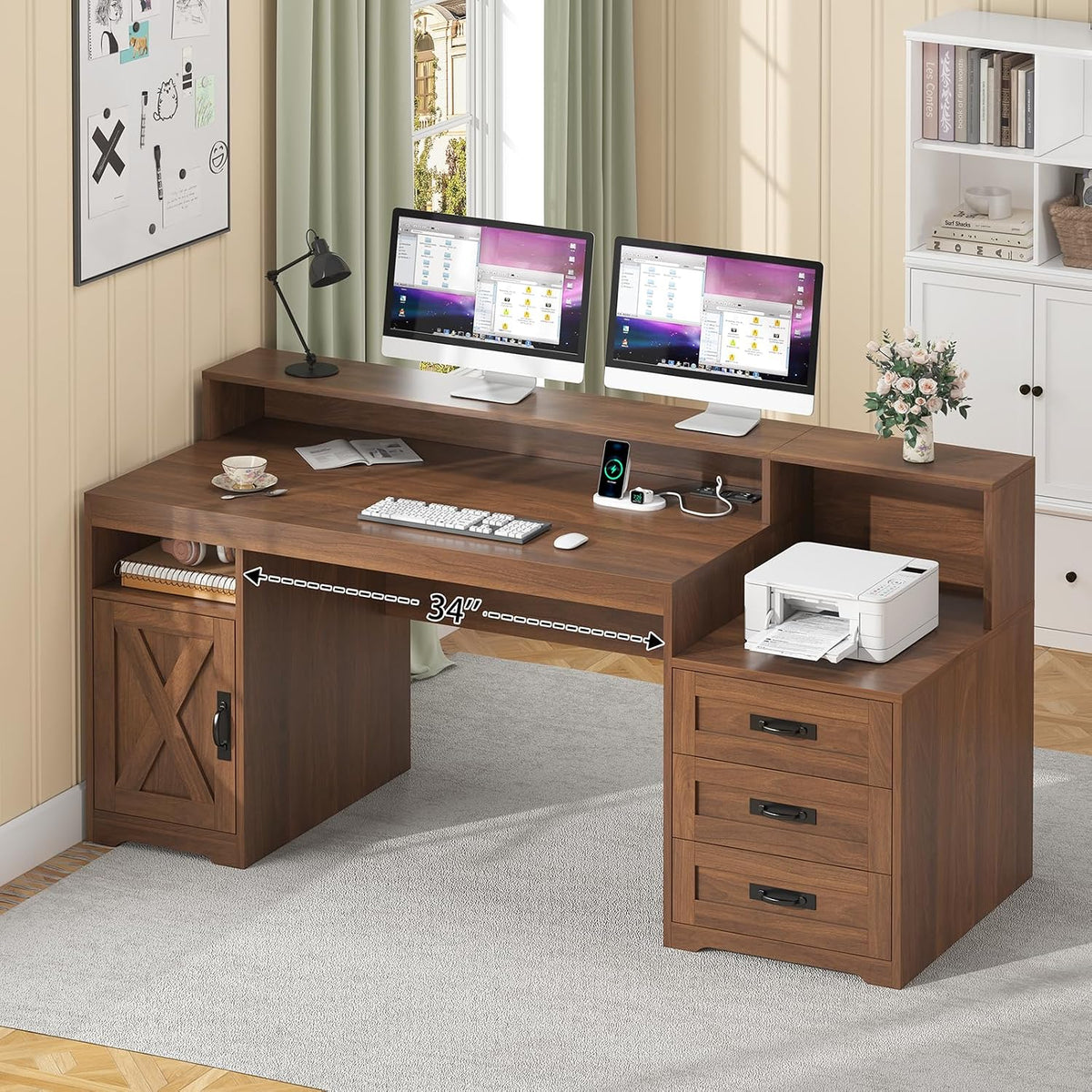 65" Farmhouse Computer Desk with Drawers and Printer Stand for Home Office
