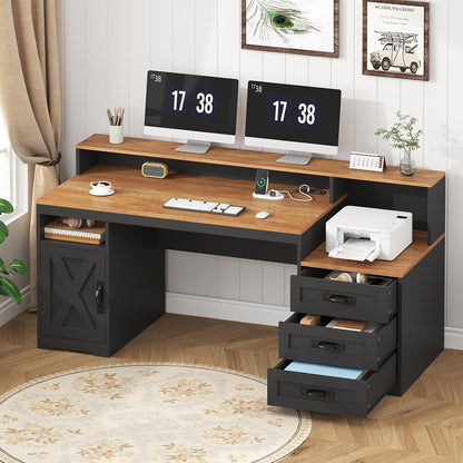 65" Farmhouse Computer Desk with Drawers and Printer Stand for Home Office