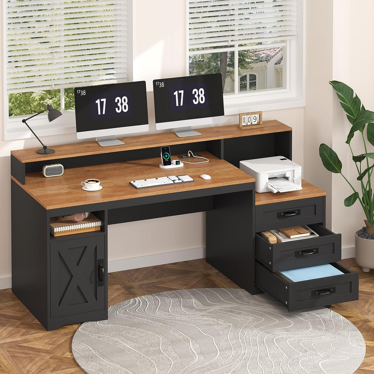 65" Farmhouse Computer Desk with Drawers and Printer Stand for Home Office
