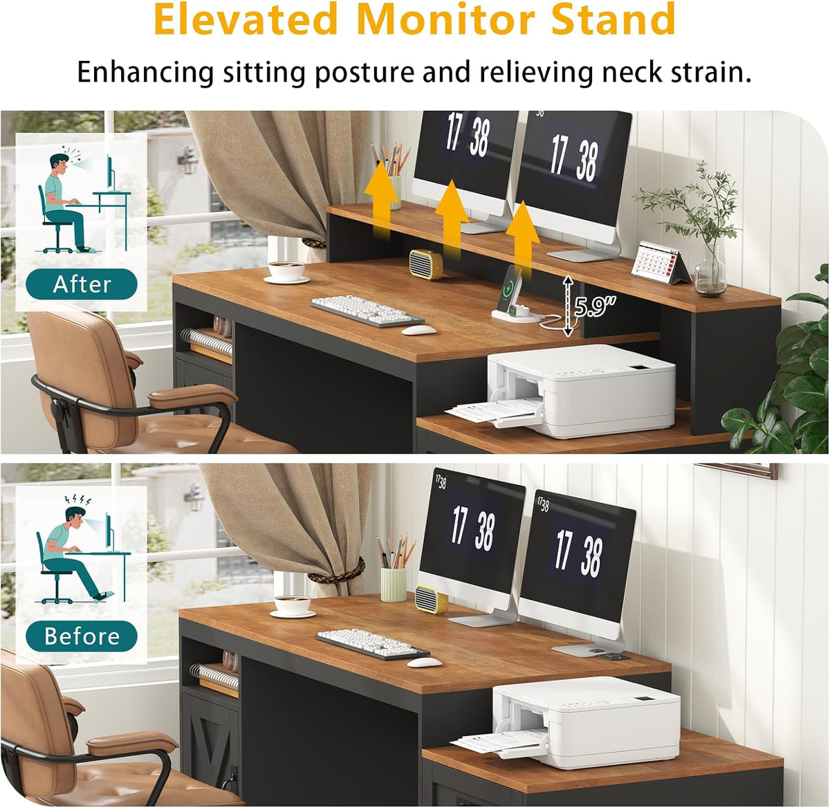 65" Farmhouse Computer Desk with Drawers and Printer Stand for Home Office