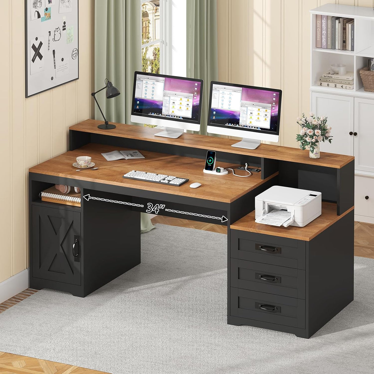 65" Farmhouse Computer Desk with Drawers and Printer Stand for Home Office
