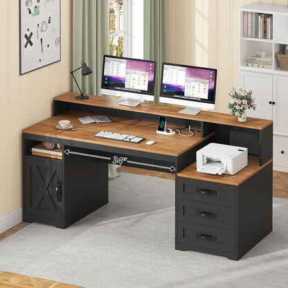 65" Farmhouse Computer Desk with Drawers and Printer Stand for Home Office