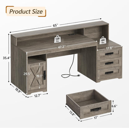 65" Farmhouse Computer Desk with Drawers and Printer Stand for Home Office