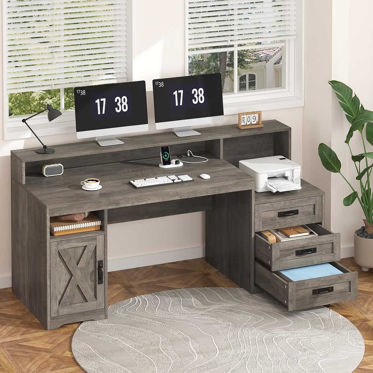 65" Farmhouse Computer Desk with Drawers and Printer Stand for Home Office
