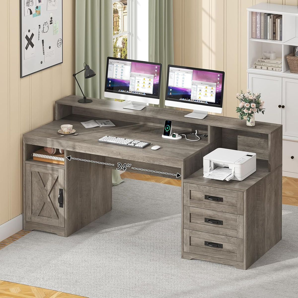 65" Farmhouse Computer Desk with Drawers and Printer Stand for Home Office