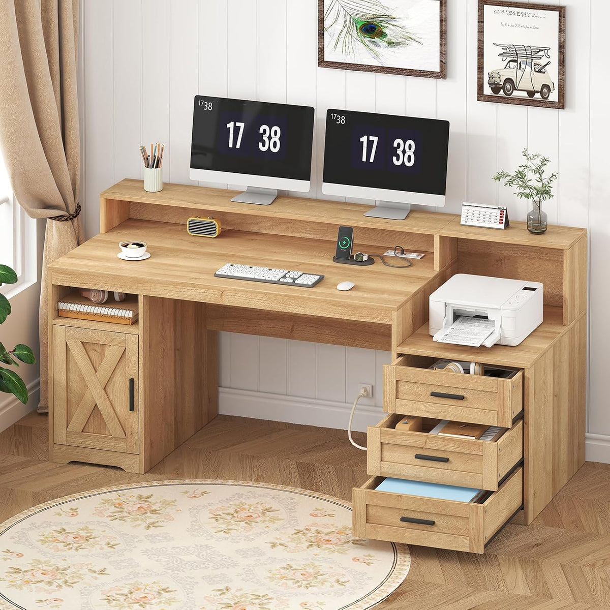 65" Farmhouse Computer Desk with Drawers and Printer Stand for Home Office