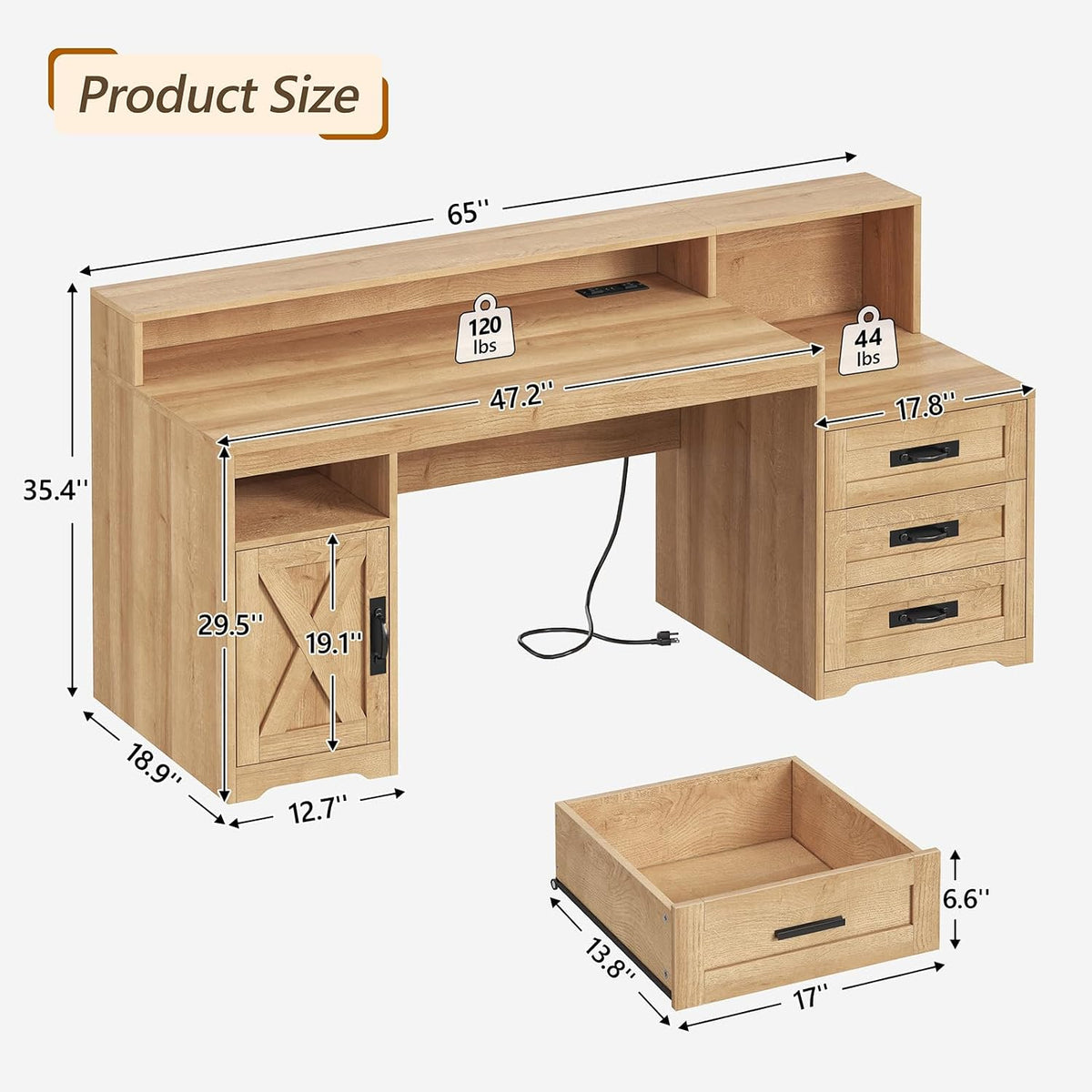 65" Farmhouse Computer Desk with Drawers and Printer Stand for Home Office