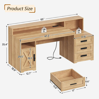 65" Farmhouse Computer Desk with Drawers and Printer Stand for Home Office