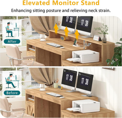 65" Farmhouse Computer Desk with Drawers and Printer Stand for Home Office