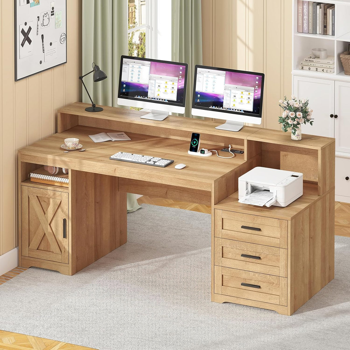 65" Farmhouse Computer Desk with Drawers and Printer Stand for Home Office